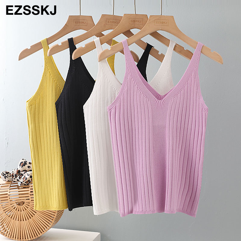 Camisoles Tanks Pure Cotton V-Neck Knit Camis Summer Ultra Thin Women's BAISC Top Women's Short Sexy Solid Casual Sleeveless T-shirt Top 230