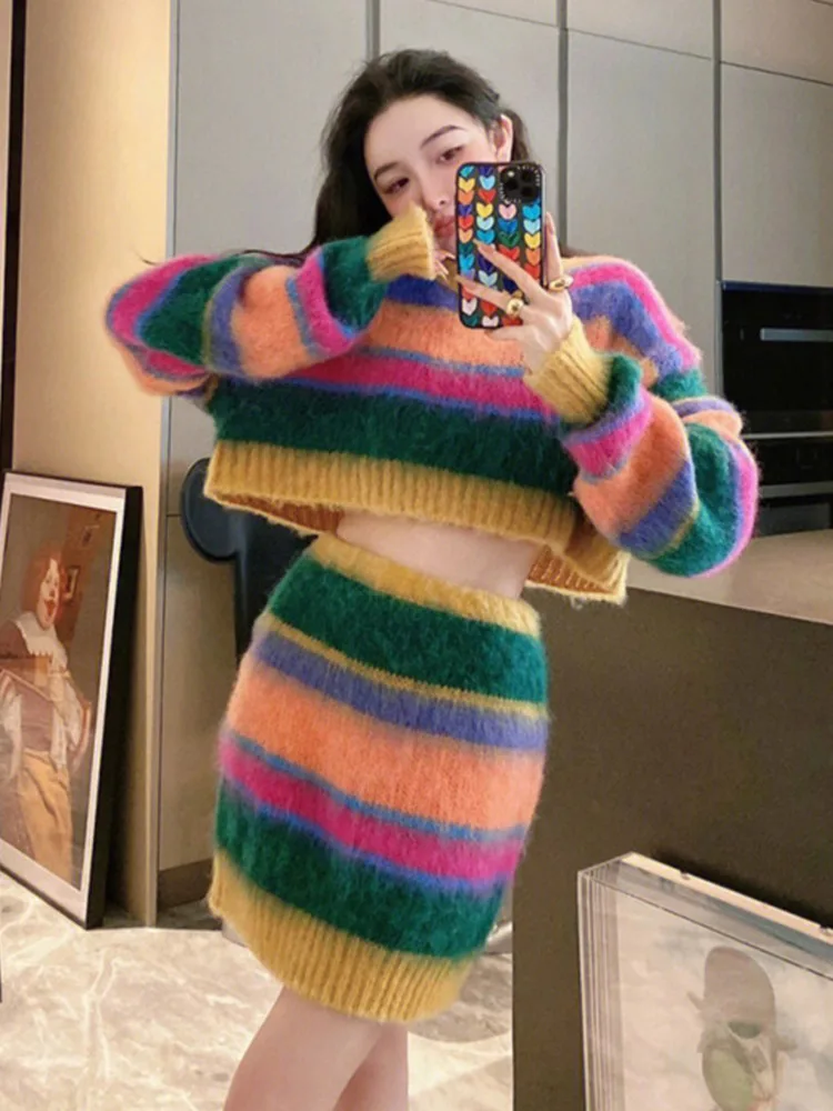 Two Piece Dress Luxury Style Rainbow Knitting Fashion Set Women's 2 Piece Autumn Long Sleeve Pullover Short Sweater Mini Skirt Suits Outfits 2024