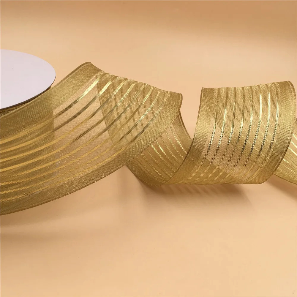 Gift Wrap 6M X 25 Yards Wired Edge Organza Striped Old Gold Ribbon for Christmas Birthday Decoration Wrapping 212" 231109