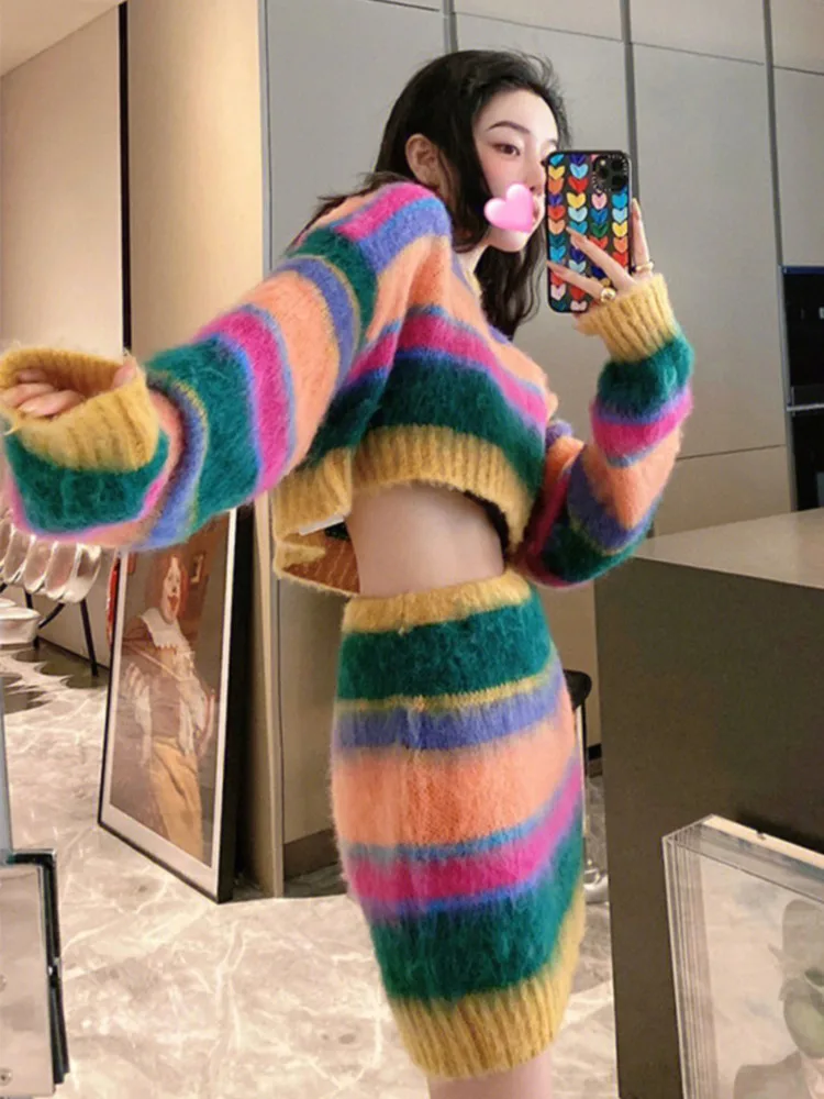 Two Piece Dress Luxury Style Rainbow Knitting Fashion Set Women's 2 Piece Autumn Long Sleeve Pullover Short Sweater Mini Skirt Suits Outfits 2024