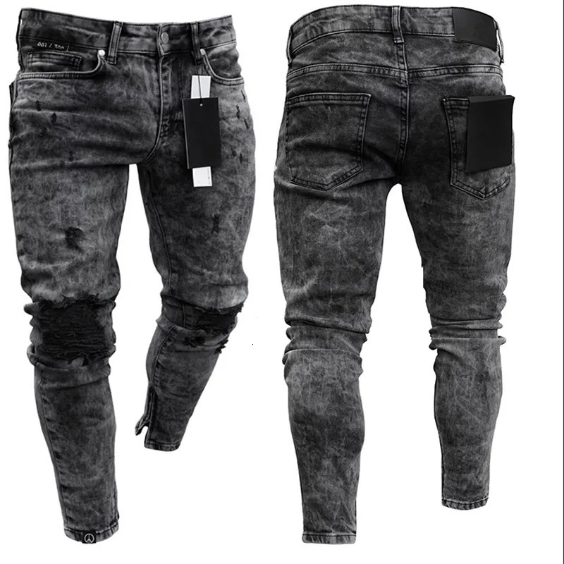 Men's Jeans Biker Jeans Men's Distressed Stretch Ripped Biker Jeans Men Hip Hop Slim Fit Holes Punk Jeans Zipper Pure Color Denim Pants 2311