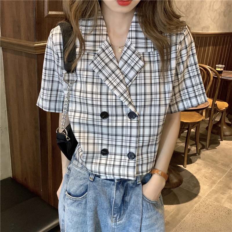 Women's Blouses Shirts Loose fitting women's plain top retro Korean sweetheart notch Ins fashionable slim casual chic summer loose fitting 2