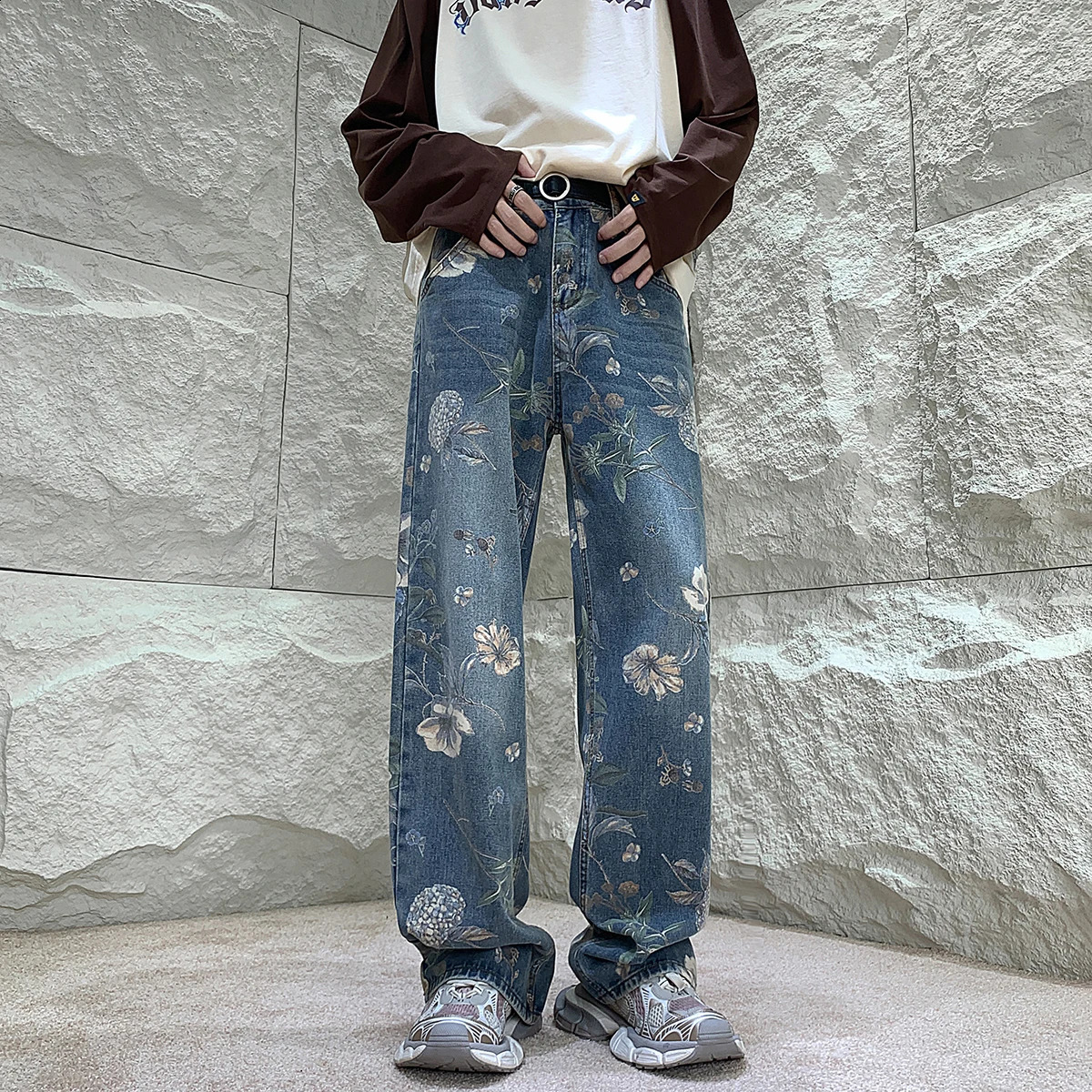 Men's Jeans Mens Fashion Printed Jeans Autumn Floral Denim Mopping Trousers Korean Style High Street Loose Hip Hop Wide-leg Jean Pants 231109