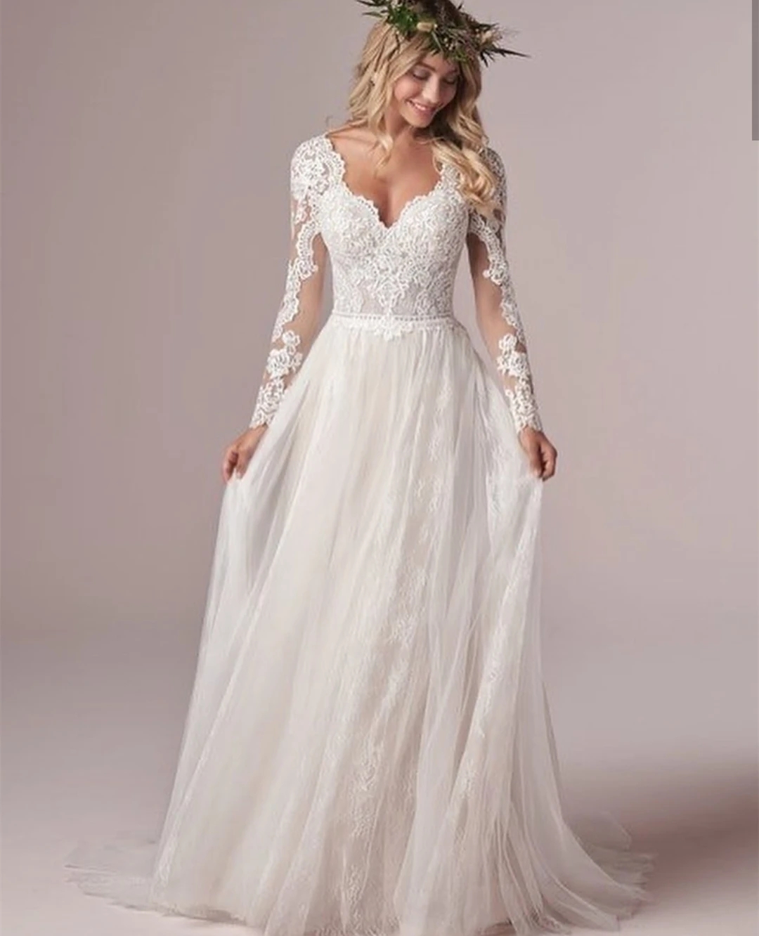 2024 Bohemian Long Sleeves Wedding Dress For Women Corset Low Back Lace Appliques White Tulle Beach Bridal Gowns Vestido De Noiva