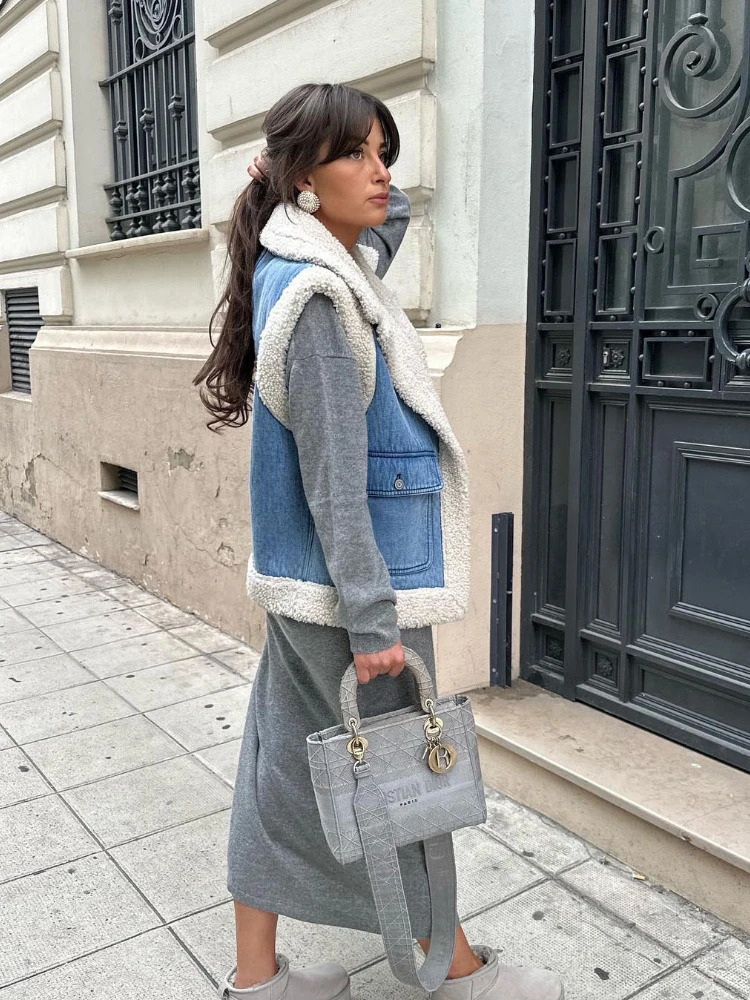 Womens Fur Faux Lambwool Plush Waistcoat Jackets Sleeveless Thicken Retro DoubleFaced Cotton Vest Denim Fabric Patchwork Vests Women 231110