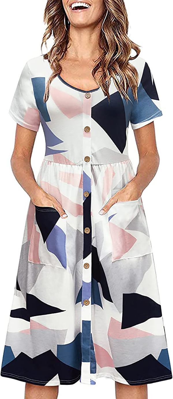 Fashion New Dresses Women's V Neck Print Flower Button Down Skater Dress with Pockets