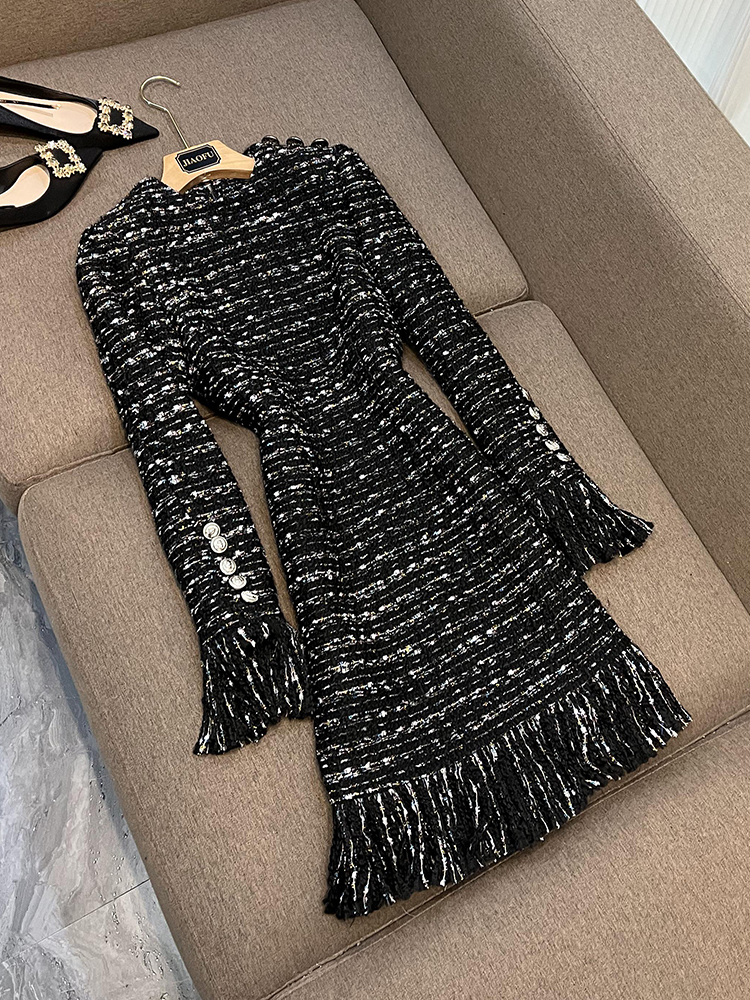 2023 Summer Black Tweed Glitter Tassel Dress Long Sleeve Round Neck Knee-Length Buttons Casual Dresses D3A09