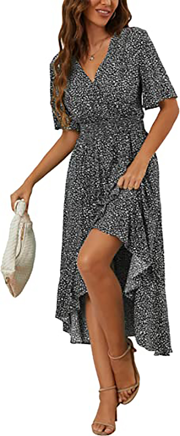 Womens Short Sleeve Floral High Low V-Neck Flowy Party Long Maxi Dress