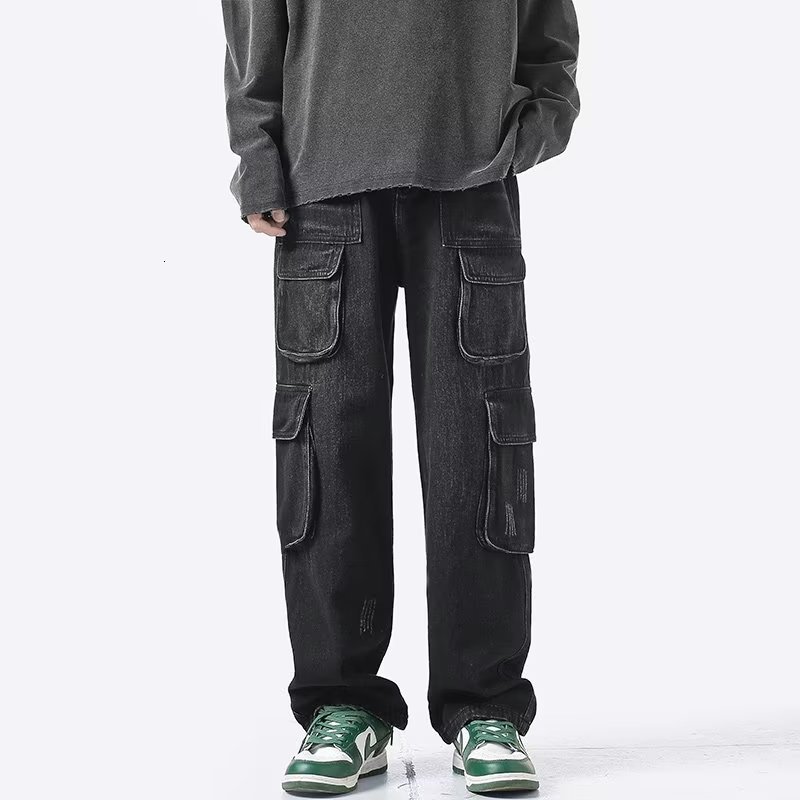 Men's Jeans DEEPTOWN Vintage Cargo for Men Loose Multipocket Denim Pants Distressed Straight Trousers Male Retro Streetwear Hip Hop 230410