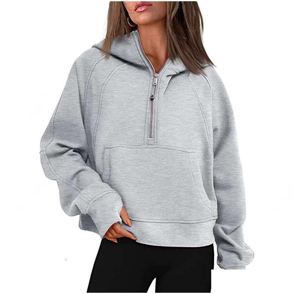 Lemens-43 Autumn Winter Yoga Suit Scuba Hoodie Half Zip Womens Sports Sweater Loose Gym Jacket Fiess Short Plush Coat Drop Deliver Dhd7A