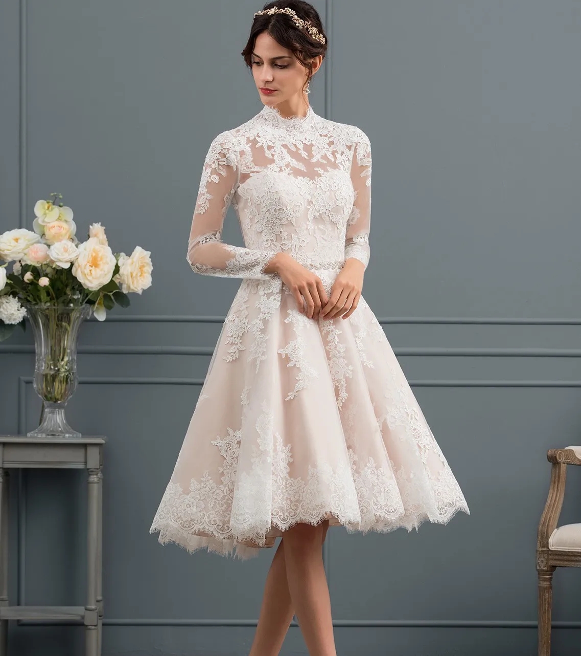 New Champagne Short Wedding Dress 2024 A-line Illusion Backless Knee-Length Lace Tulle Bridal Gown Bride Shower Vestidos De Noiva