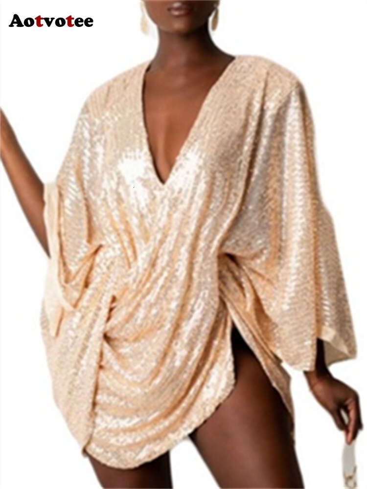 Sequins for Women New Fashion Loose Asymmetrical Mini Dress Vintage Elegant V Neck Chic Evening Dresses