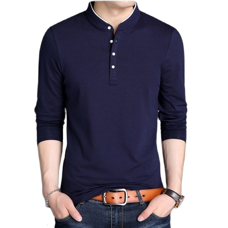 Men's T-Shirts Spring men's long sleeved T-shirt half button stand collar cotton zipper solid casual top comfortable Korean ultra-thin T-shi