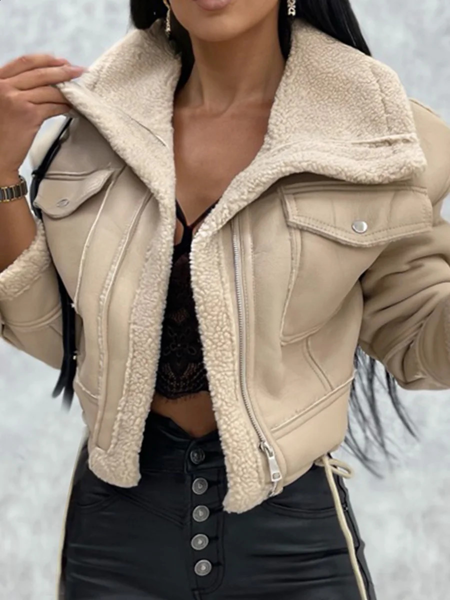 Women PU Faux Fur Leather Jacket Open Front Casual Furry Collar Lapel Short Parka Coat Warm Cardigan with Belt Outwear 241223