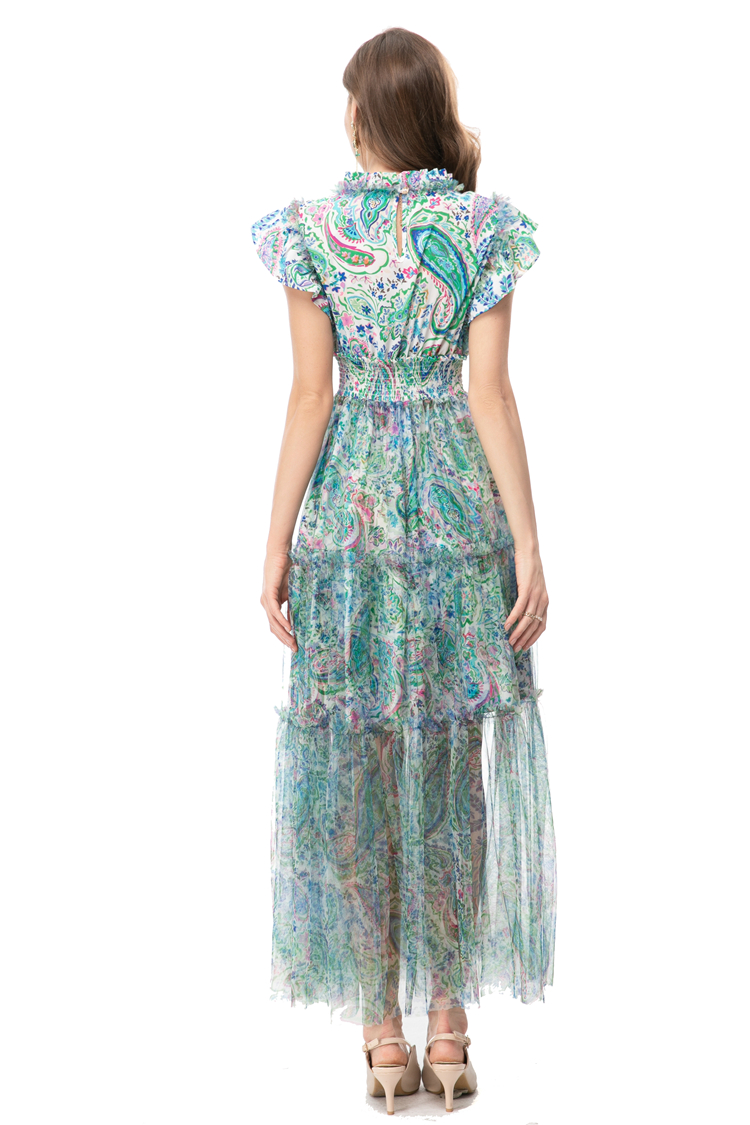 Women's Runway Dresses Stand Collar Sleeveless Printed Elastic Waist Ruffles High Street Fashion Vestidos