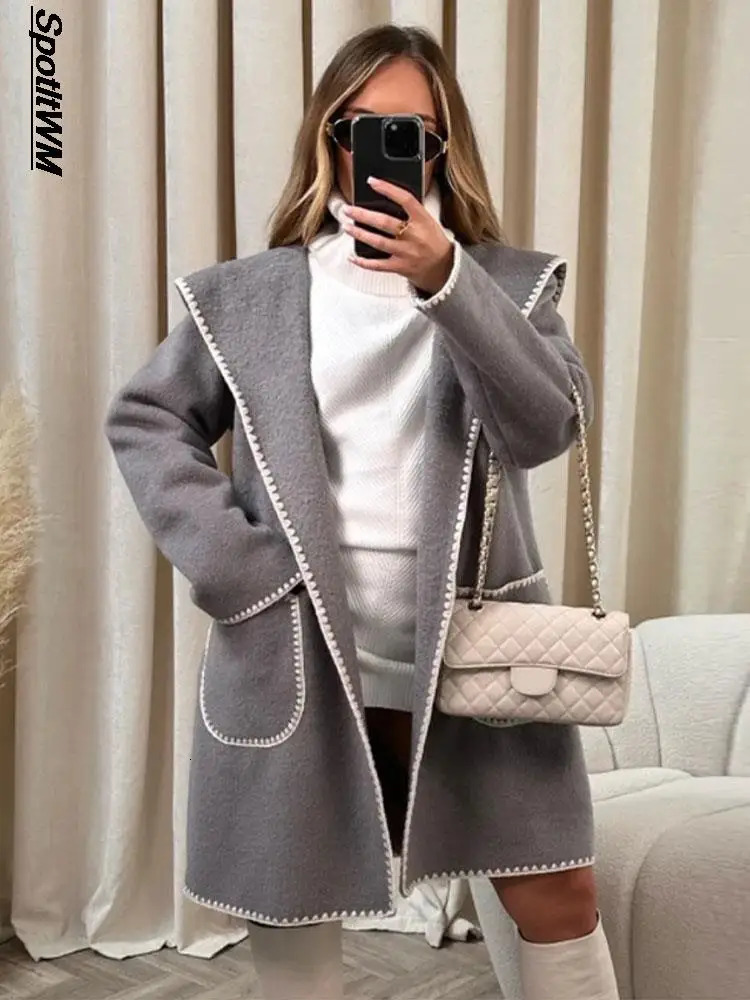 Womens Wool Blends Women Fleece Splied Hooded Coat Elegant Plush Quilted Pocket Warm Jacket Loose Chic Streetwear Outwear Autumn Winter 231110