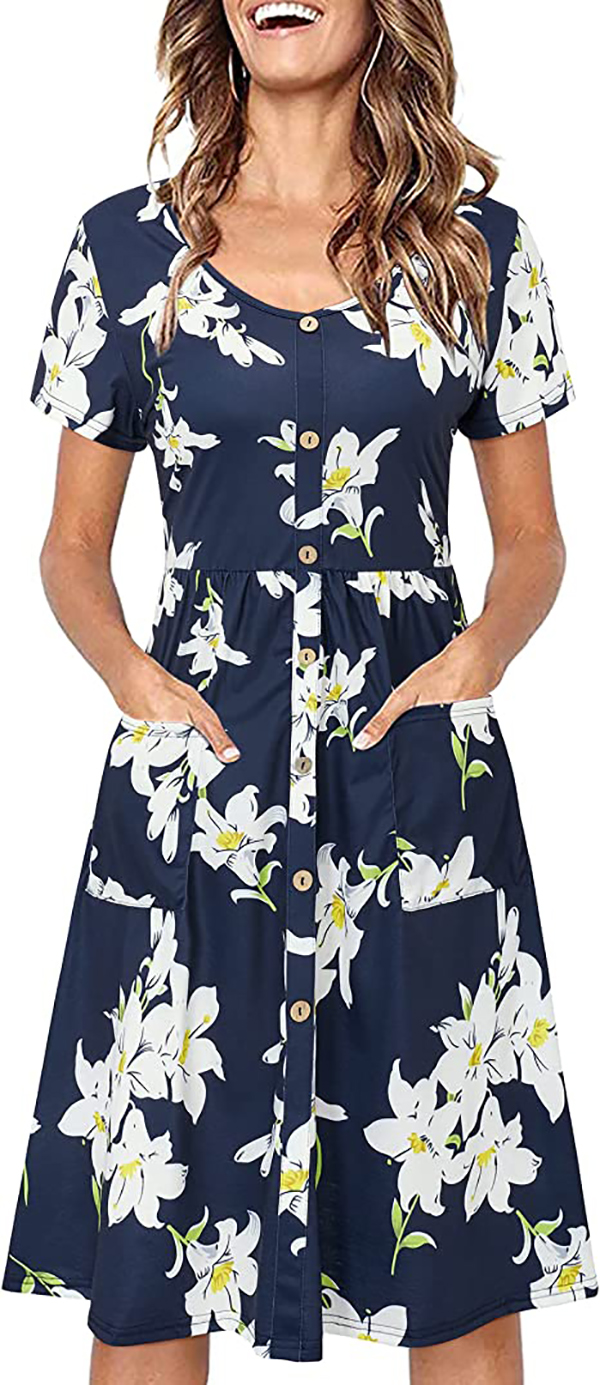 Fashion New Dresses Women's V Neck Print Flower Button Down Skater Dress with Pockets