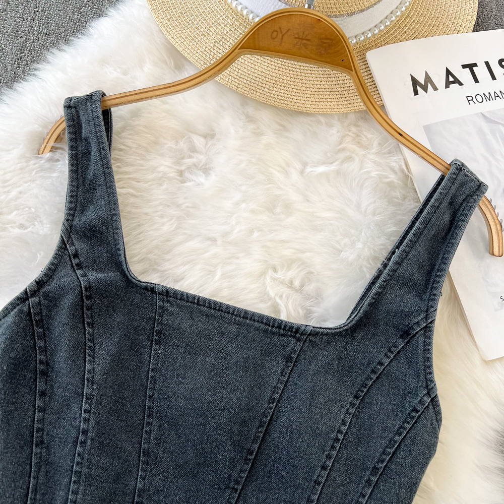 Camisoles Tanks Vintage denim Women's Tank Top Versatile Casual Sleeveless Zipper Panel Women's Cross Top Elegant and Unique Tank Top 230410