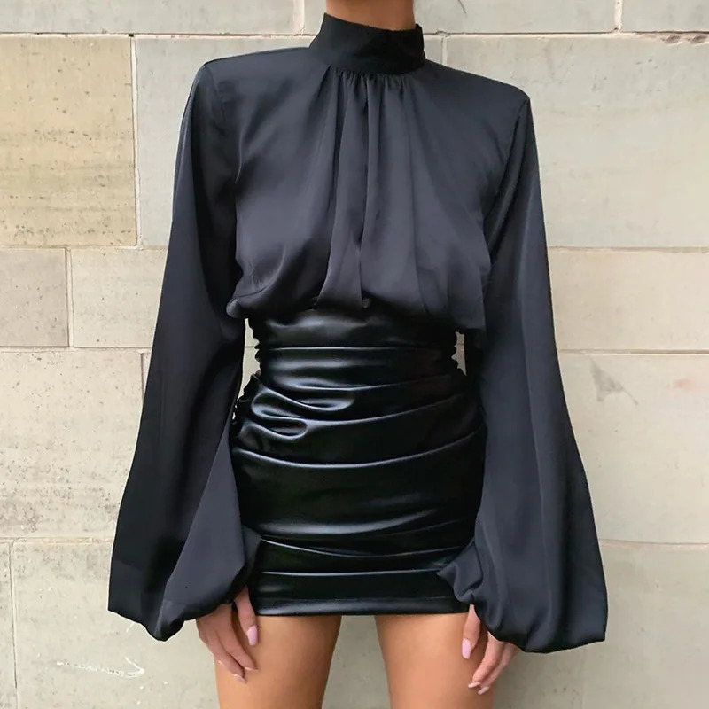 Women s Blouses Shirts Turtleneck Lantern Long Sleeve Crop Top Silky Streetwear Chic Autumn Spring Fashion Ruched Satin 231110