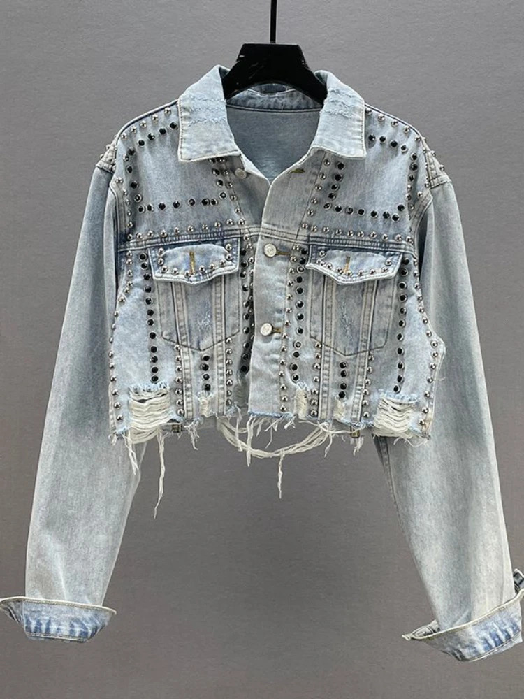 Womens Jackets Denim Jacket Spring Summer In Heavy Industry Rivet Studded Jean Women Worn Nail Bead Top 231110
