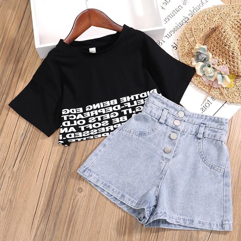 Clothing Sets Summer Children's and Girls' Clothing Set Youth Girls Crop Top T-shirtDenim Shorts 2 Pieces Girls' Clothing Baby Girls�