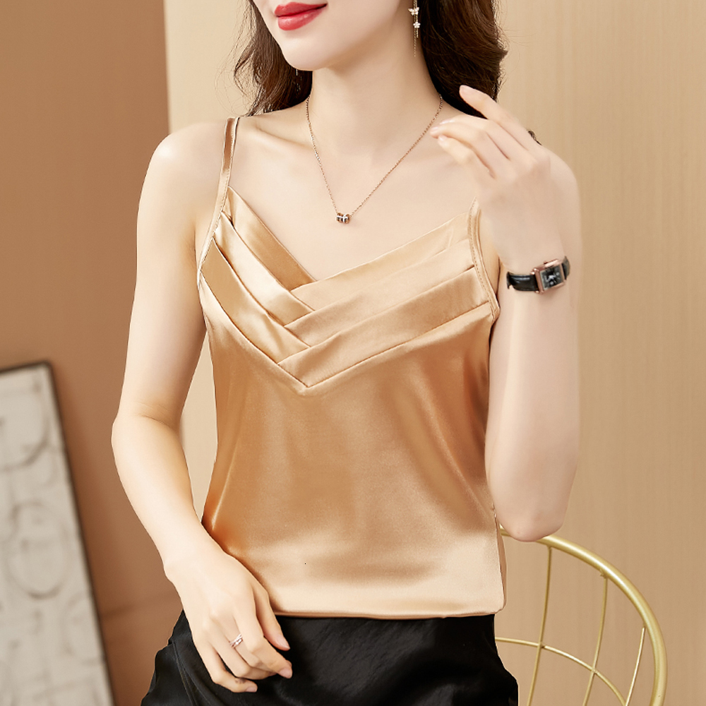 Camisoles Tanks Sexy Summer Unique Pleated Tank Top Women's Fashion Sleeveless Loose Satin Tank Top Women's Basic Top Retro Clothing 230410