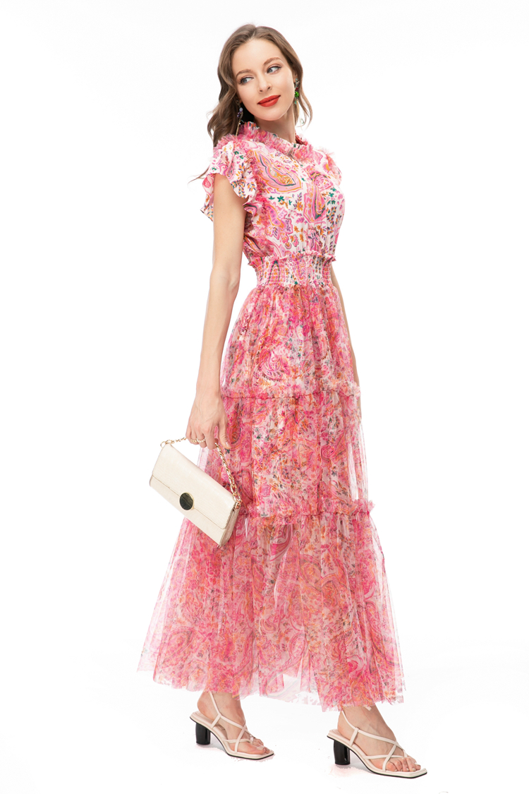 Women's Runway Dresses Stand Collar Sleeveless Printed Elastic Waist Ruffles High Street Fashion Vestidos