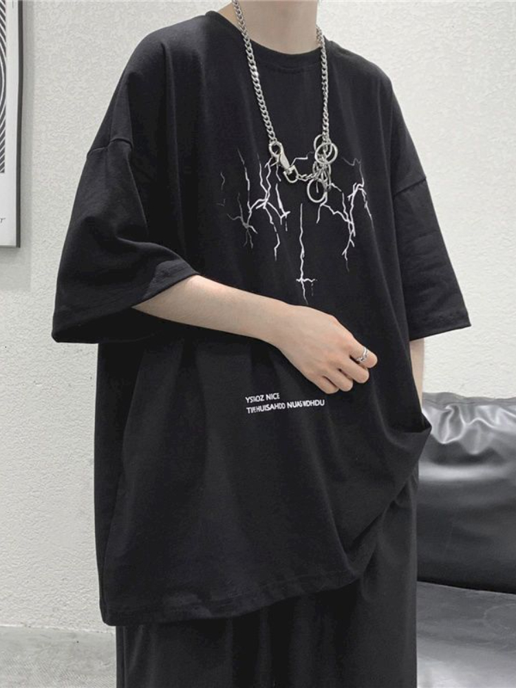 Men's T-Shirts Summer oversized T-shirt men's T-shirt women's lightning printed short sleeved T-shirt retro dark jacket Korea loose tre