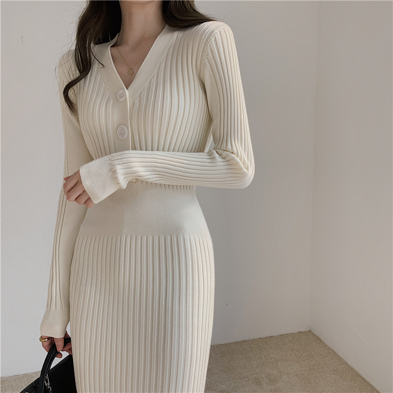 Casual Dresses Vintage Knitted Sweater Long Sleeve Dress Women's Slim Body Korean Elegant Autumn/Winter Button V-Neck Sweater Midi Women's D