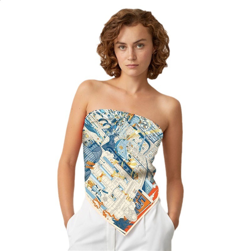 Sarongs Manual Hand Rolled Silk Scarf Women City Print Square Scarves Wraps Echarpes Curled Foulard Femme Bandana Hijabs 90CM 230508