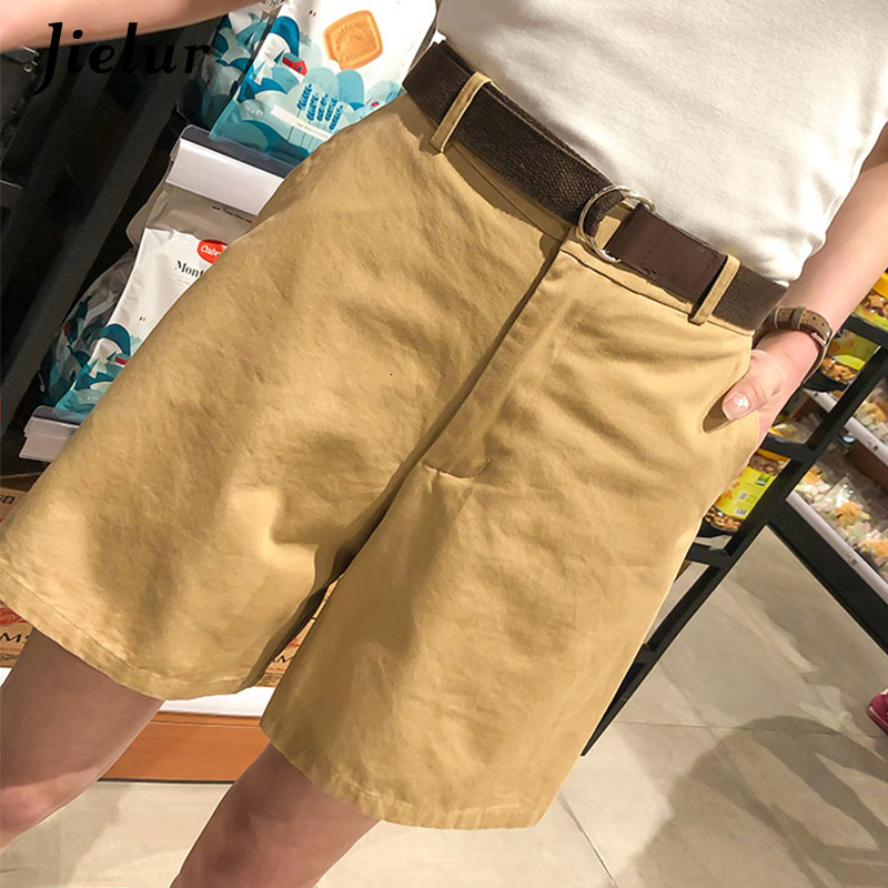 Women's Shorts Jielur Korean Fashion Casual Summer Shorts Women's Loose Wide Leg Pantalon Women's Belt Green White High Waist Shorts Wo