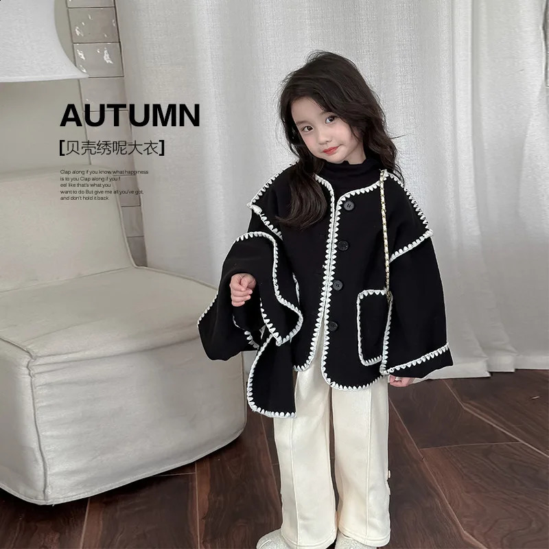 Jackets Girls Coat with Scarf Woolen 2023 Autumn and Winter Fashionable French Style Elegant Casual Simple Jacket 231109