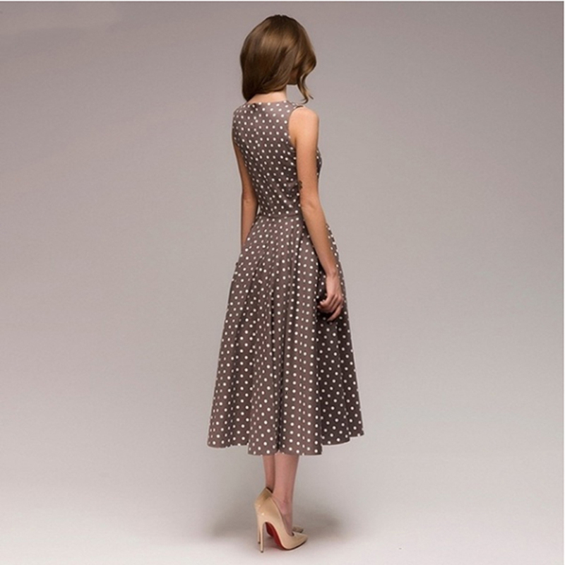 Casual Dresses Retro Summer Dress Sleeveless O-Neck Tank Top Women's Elegant Thin Dot Print Mid calf Casual Dress 230410