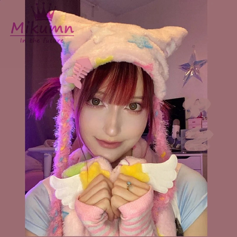 Beanie/Skull Caps Mikumn Harajuku Y2k Lovely Colorful Star With Braid Cat Ear Plush Hat Women Girls Chic Winter Warm Casual Cap 231109