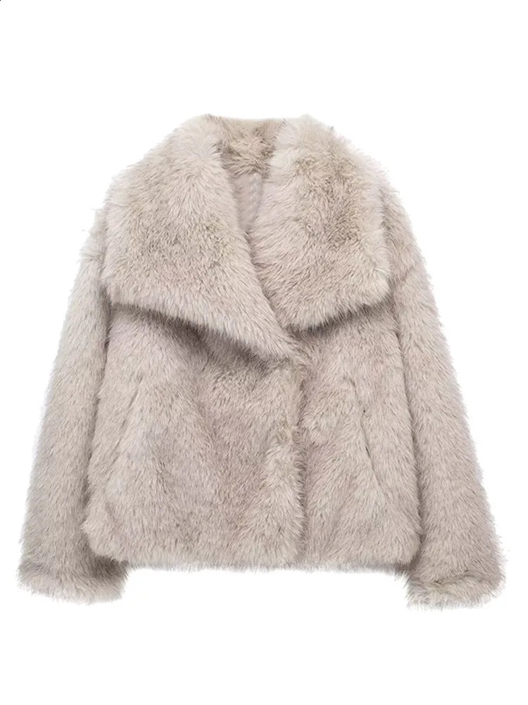 Women's Fur Faux Fur est Faux Fur Coats Women Elegant Turn-down Collar Fluffy Short Fur Jacket Female Casual Long Sleeves Outerwear with Pockets 