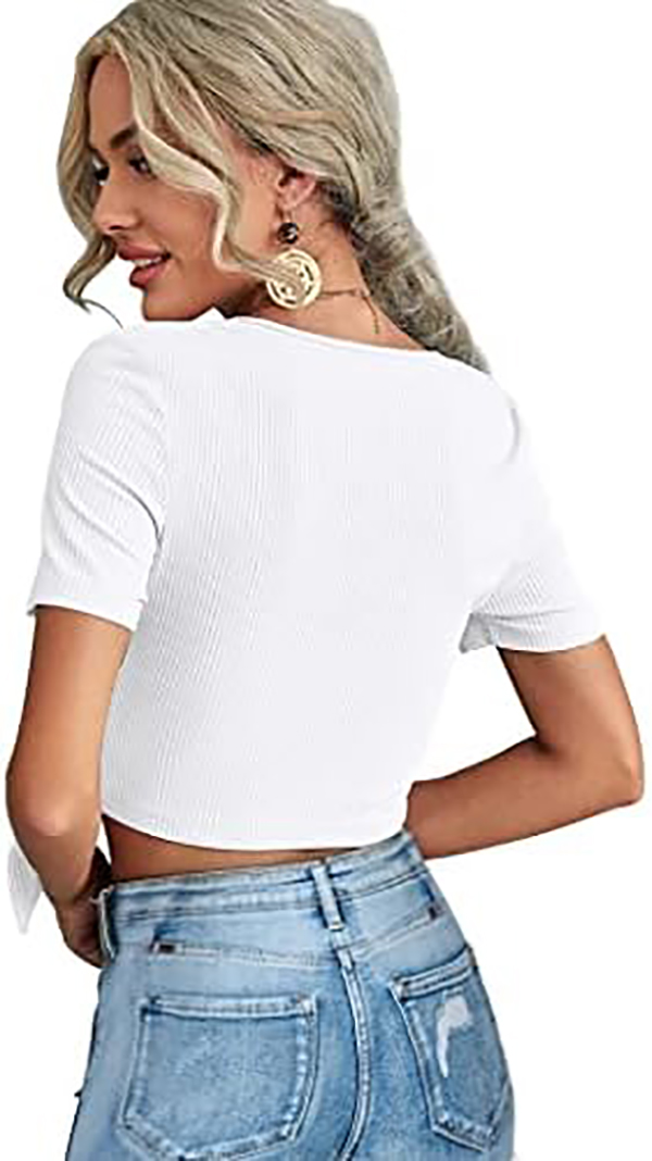 Crop Tops for Women Summer Cute Tops with Deep V Neck Shirts Unique Cross Wrap Slim Fit Tie Up Front Short Sleeve