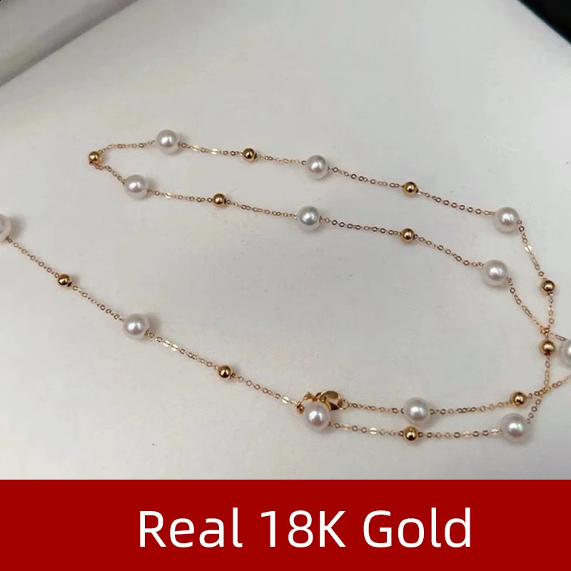 Pendant Necklaces XF800 Solid 18K Gold Natural Pearl Necklace Au750 Fine Jewelry Chocker Round Aniversary Gift For Women White X536 231108