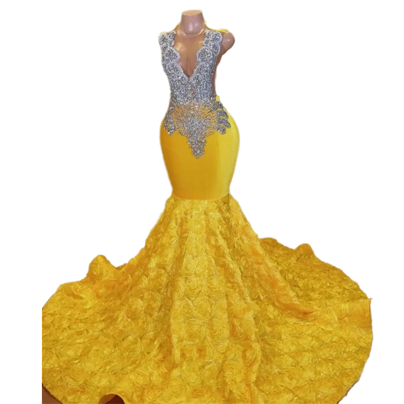 2023 Black Girls Yellow Mermaid Prom Dresses Crystals Beaded Luxury Sexy Engagement Gowns Sleeveless Floral Trumpet Formal Evening Dress