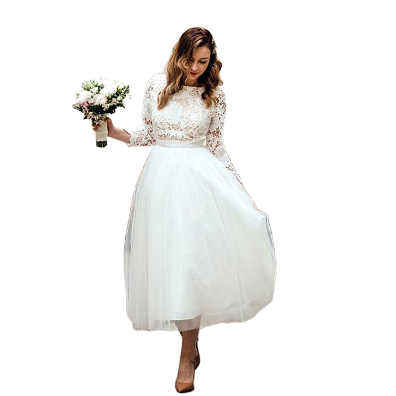 Vintage Tea Length A Line Wedding Dress Lace Top 3/4 Long Sleeves Ivory Tulle Bridal Gowns Garden Simple Bride Dresses 2024