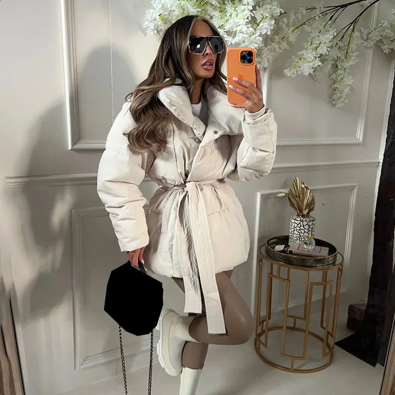 Women's Down Parkas Malina Winter Thick Stand Collar Parkas Women Fashion Tie Waist Coats Women Elegant Solid Short Padded Jackets Female Ladies 