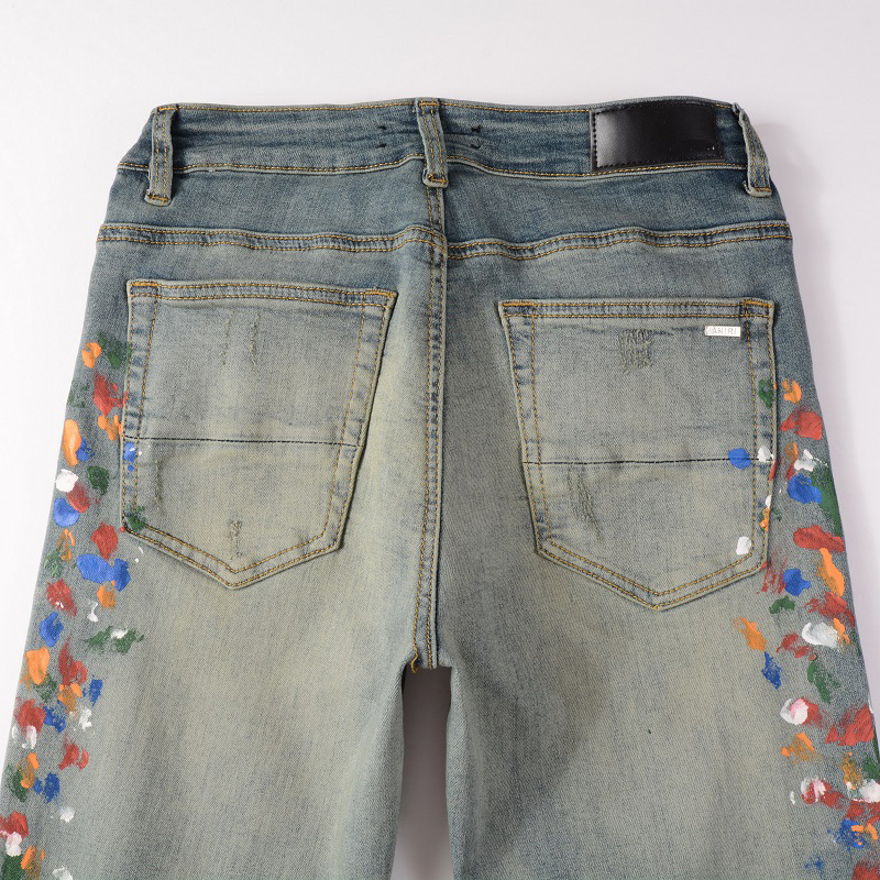 Casual men high street washed multi pocket blue splatter skinny light elastic jean
