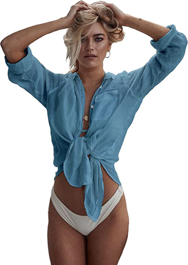 Women's Bikini Swimsuit Cover Up Button Down V Neck Shirts Long Sleeve Blouse Beachwear Bathing Suit