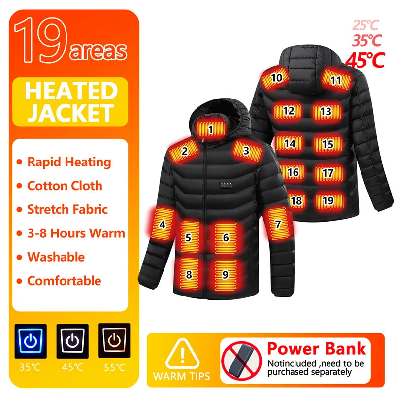 Men's Down Parkas USB Heating Jackets Men Winter Warm Heated Parkas 21 Zones Electric Heated Jacket Waterproof Washable Warm Jacket Coat Plus Siz