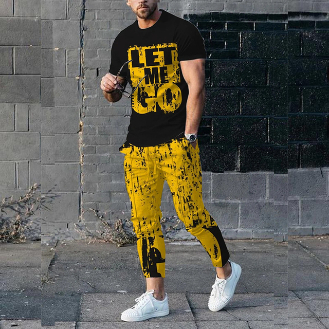 Men's Tracksuits Men's Summer Tracksuit 2 Pieces Lattice Printing TShirtTrousers Set Casual Jogging Suit Fashion Male Oversized Streetwear 2