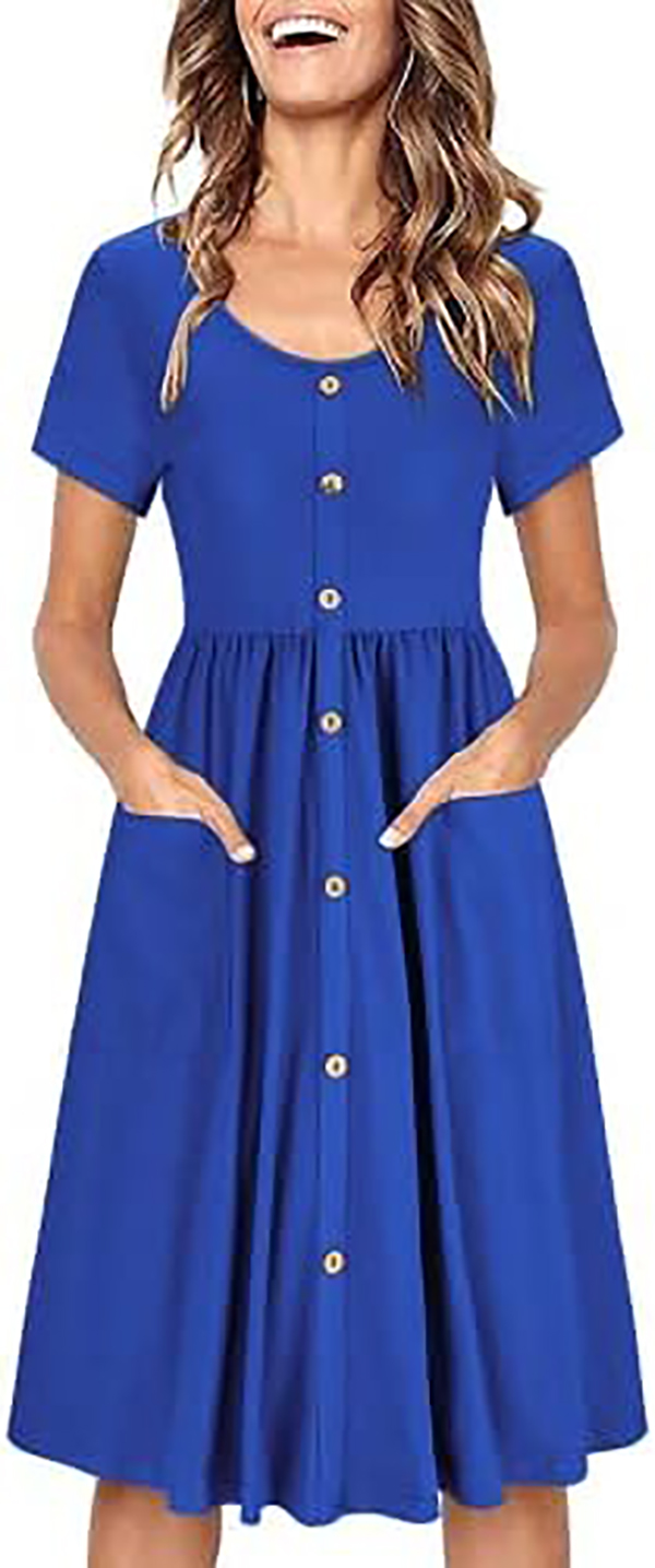 Fashion New Dresses Women's V Neck Print Flower Button Down Skater Dress with Pockets