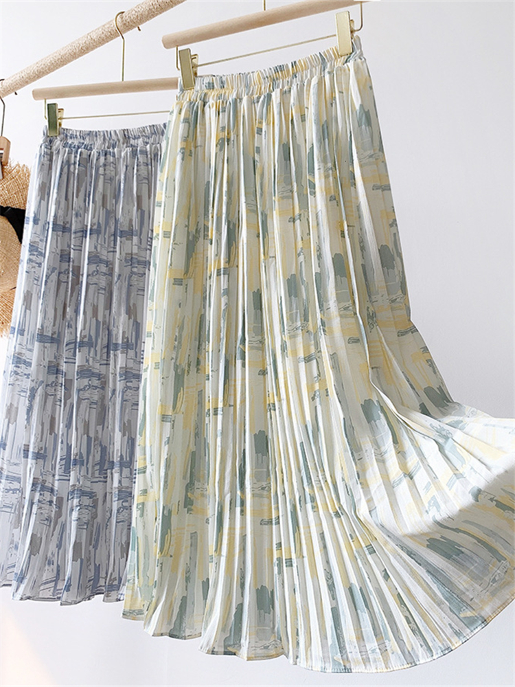 Skirts REALFT Summer Retro Flower Print Tulle Pleated Women's Metre Length Skiing Chiffon High Waist Loose Fit Women's Umbrella Skiing 23041