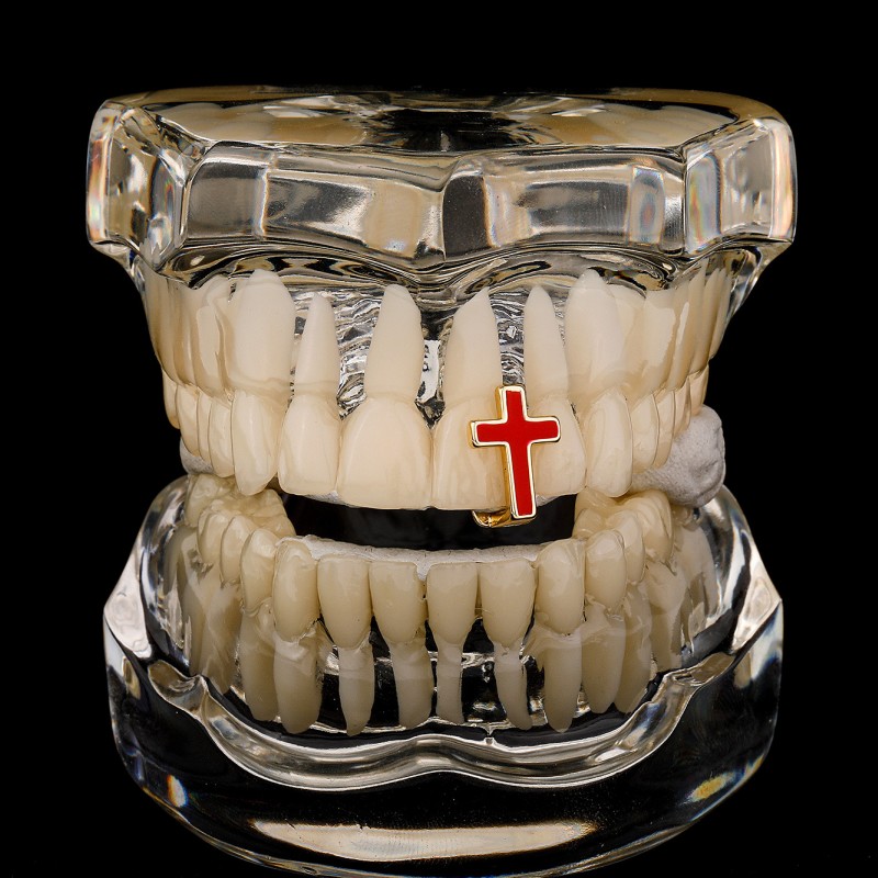 Yellow White Gold Plated Dental Grills Blue Red Purple Cross Grillz Braces Vampire Teeth Hip Hop Personality Women Men Jewelry