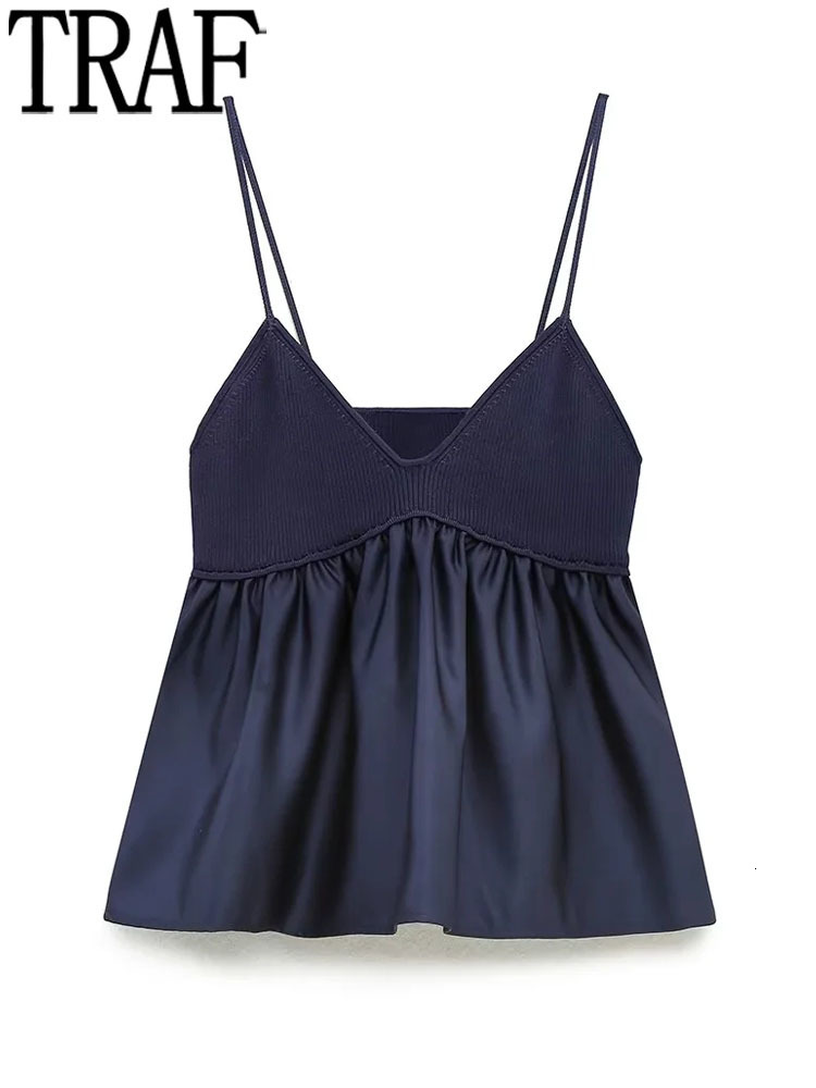 Camisoles Tanks TRAF Blue Crop Women's Knitted Tank Top Women's Sleeveless Backless Sexy Top Women's Ruffled Street Clothing Y2k Tight 