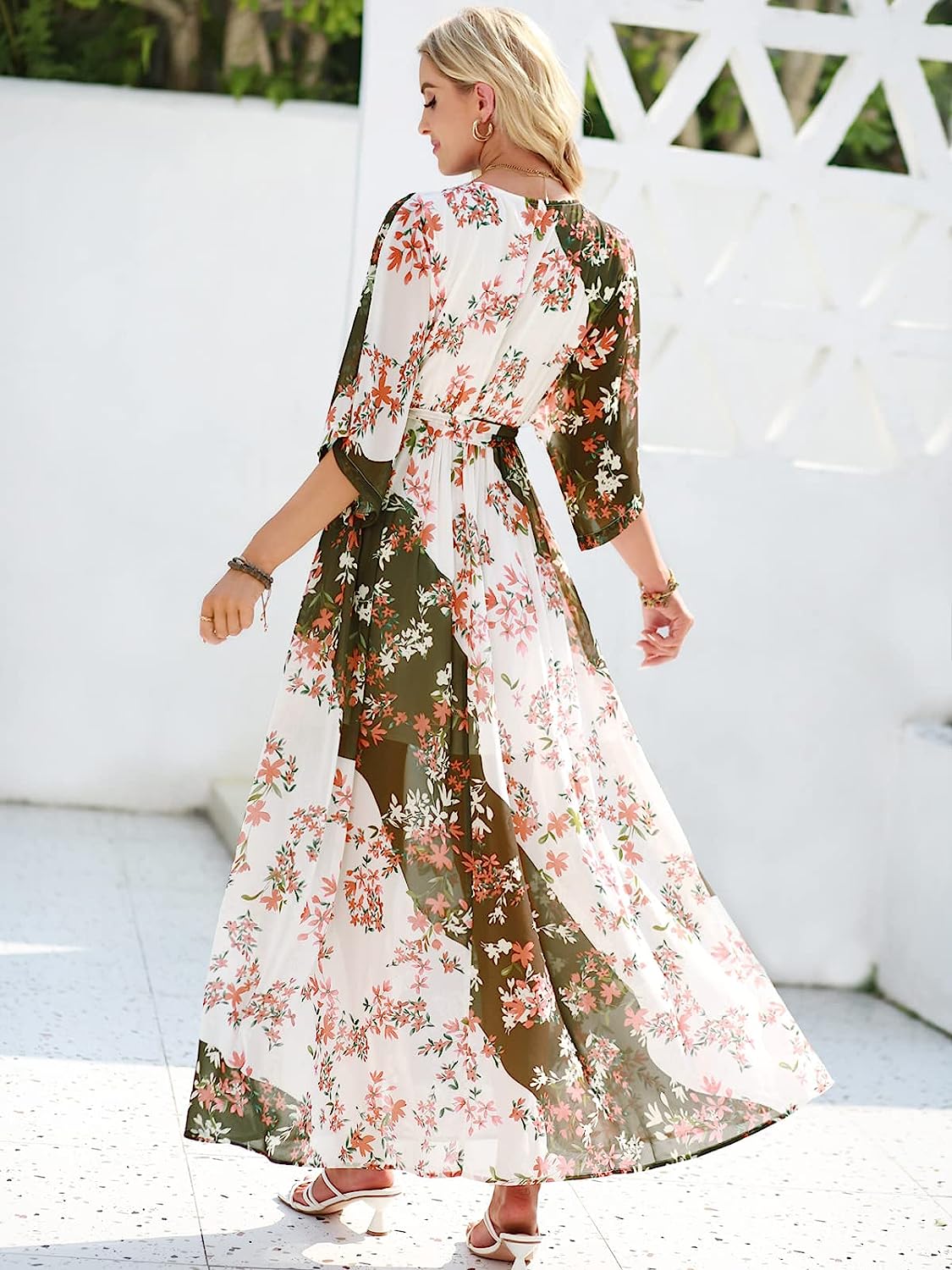 Women's Summer Loose Kimono Maxi Dress Wrap V Neck 3/4 Sleeve Floral Print Slit Long Dresses