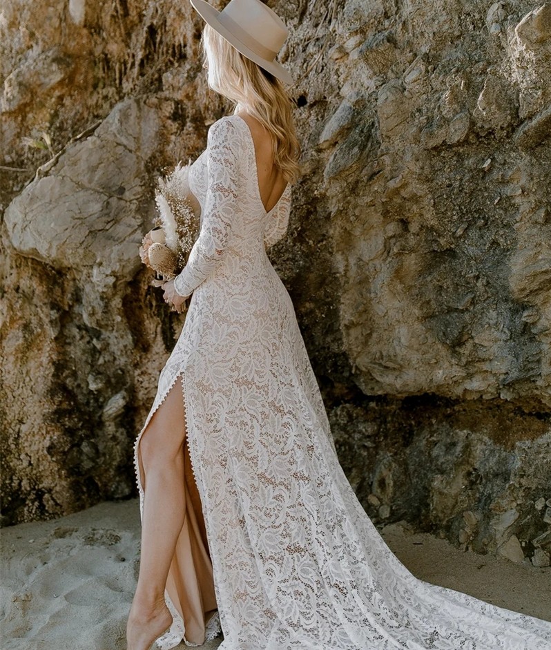 Lace Boho Wedding Dress for Women 2023 Long Sleeve Side Slit Backless Beach Bride Dresses Bridal Gowns Vestido De Noiva Mariage Sexy